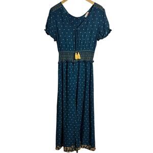 Farm Rio Rosewood Jumpsuit Anthropologie Women M Blue Floral Boho Cottage Modest